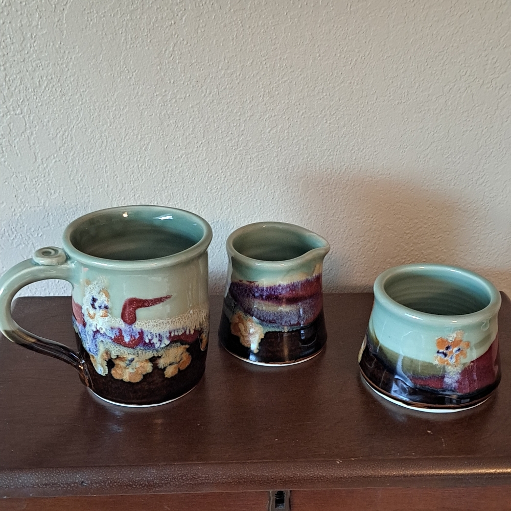 3  Art Studio Pottery pieces. Coffee Mug, Cream, and Sugar Bowl